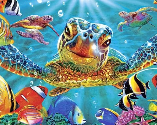 Turtle and Fishes Underwater - Paint By Number - Num Paint Kit