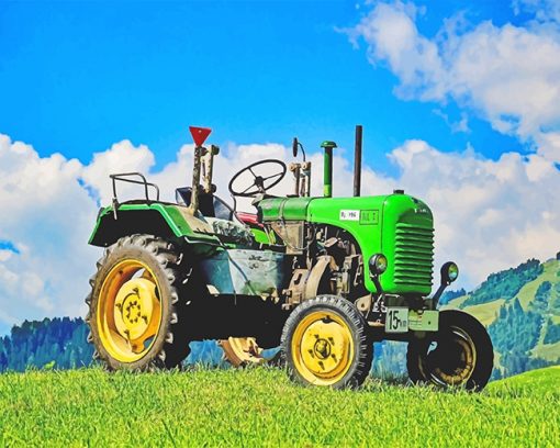 Green tractor in field adult paint by numbers