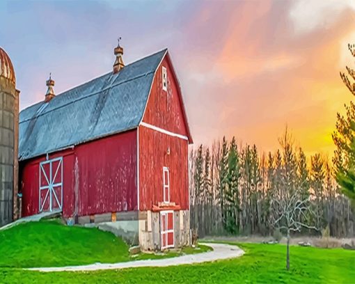 Beautiful Barn Sunset paint by number