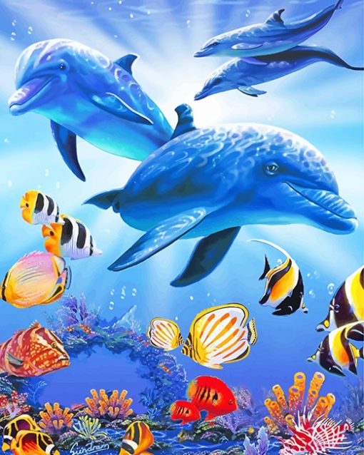 Dolphins underwater with tropical fishes adult paint by numbers