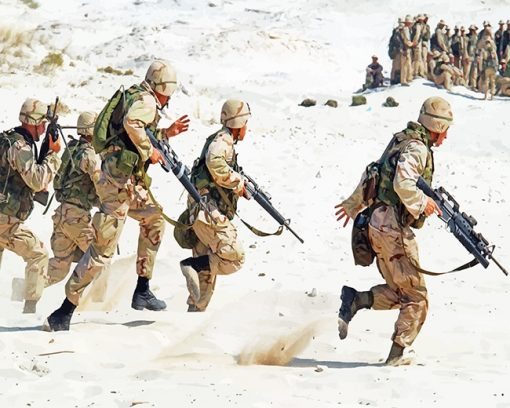 Soldiers Holding Rifle Running on White Sand adult paint by numbers