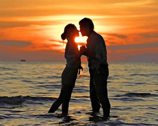 Silhouette of Romantic Couple in Beach paint by numbers