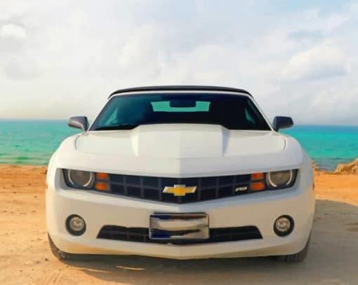 White Chevrolet Car On Beach paint by numbers