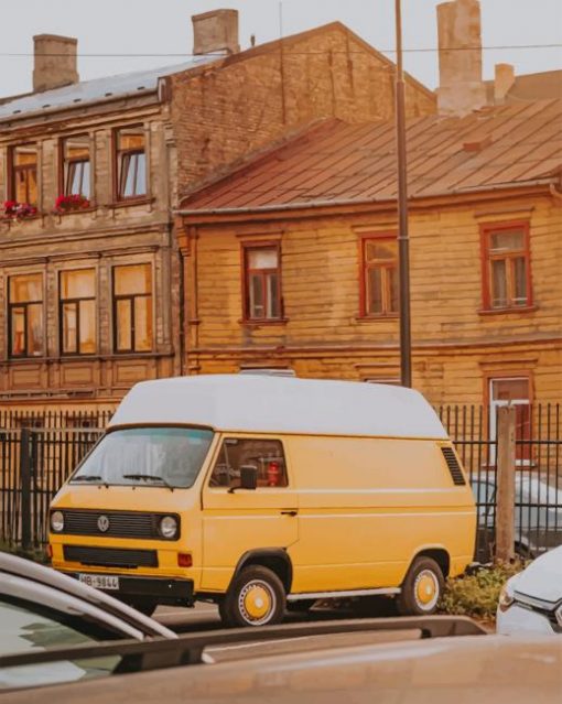 Yellow Van Parked Beside Brown Building paint by numbers