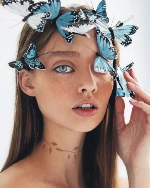 Blue Butterflies On Girl Face paint by numbers