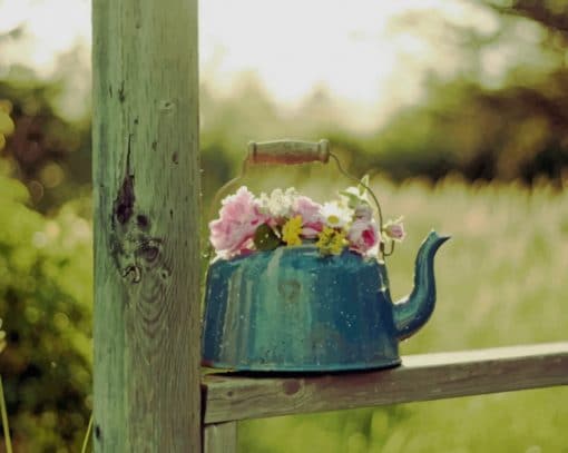Green Teapot With flowers paint by numbers
