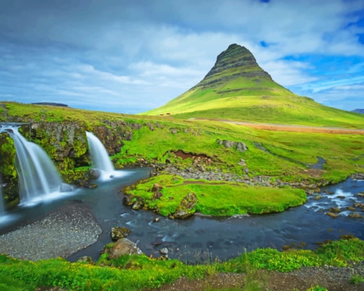 Iceland Mountains Waterfalls Kirkjufell Clouds paint by numbers