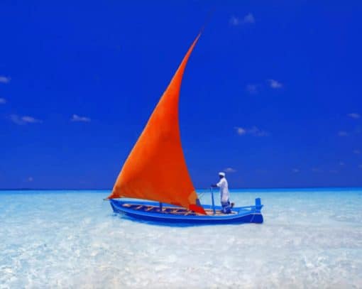 Maldivian Dhoni On Tropical Blue Lagoon paint by numbers