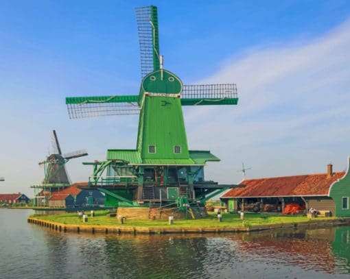 Netherlands River Houses Zaanse Schans Mill paint by numbers