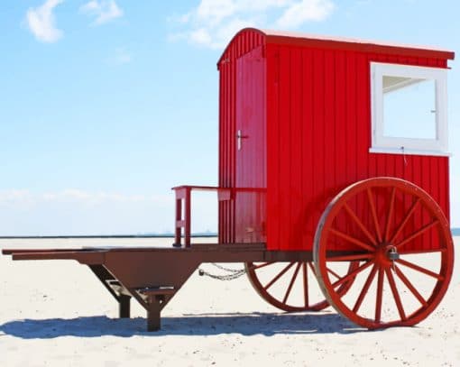 Red Wheel Cabin On Beach paint by numbers
