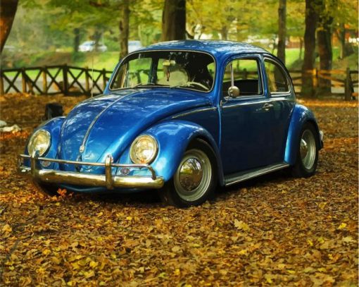 Blue Car Vintage In Autumn Leaves paint by numbers