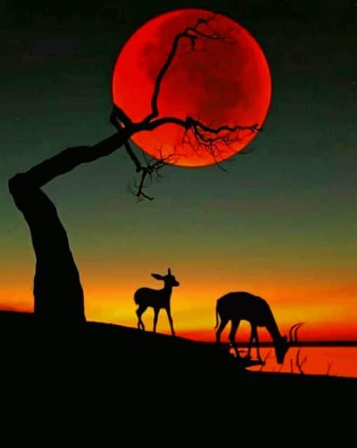 Red Moon With Deer paint by numbers