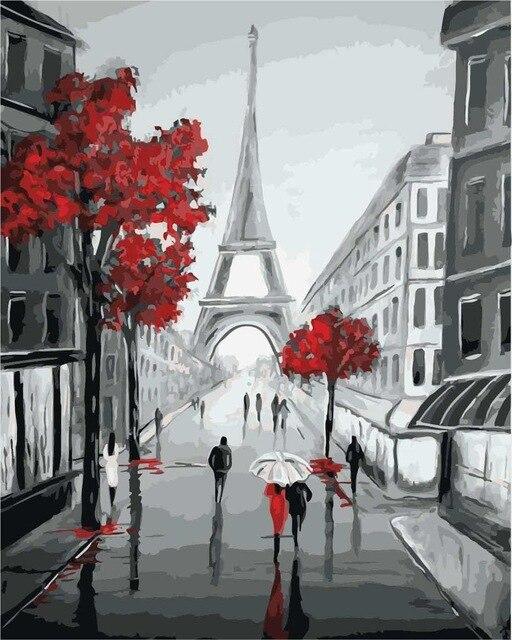 Paris Street View in Black and Red Paint by numbers