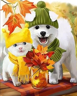 Autumn Cat and Dog Paint by numbers