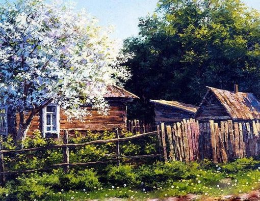 Log Cabin In Almond Trees Paint by numbers
