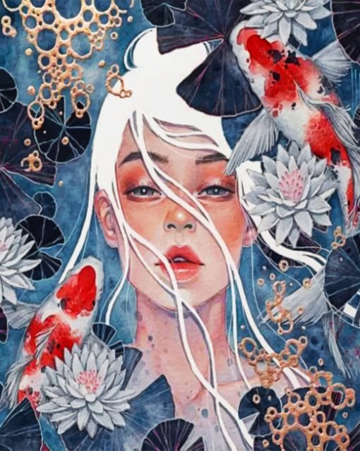 Lotus Girl And Koi Fishes Paint by numbers