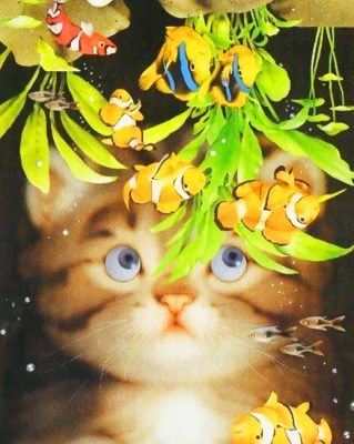 Adorable Cat Watching Yellow Koi Fishes Paint by numbers