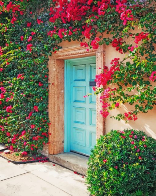 aesthetic-cyan-door-and-bougainvillea-paint-by-number