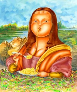 Fat Mona Lisa Eating Pasta