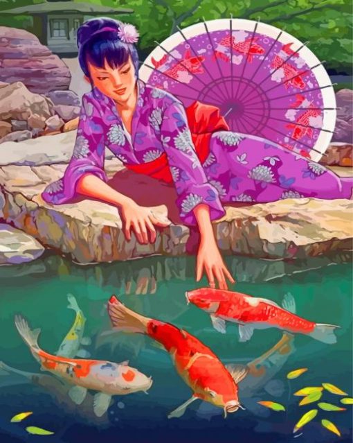 Japanese Woman And Koi Fishes paint by numbers
