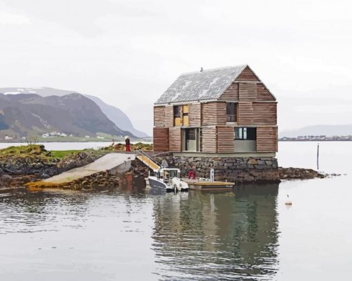 Norwegian fjord cabin by lake paint by number