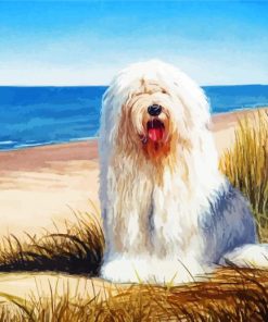 Old english sheepdog at the beach paint by number