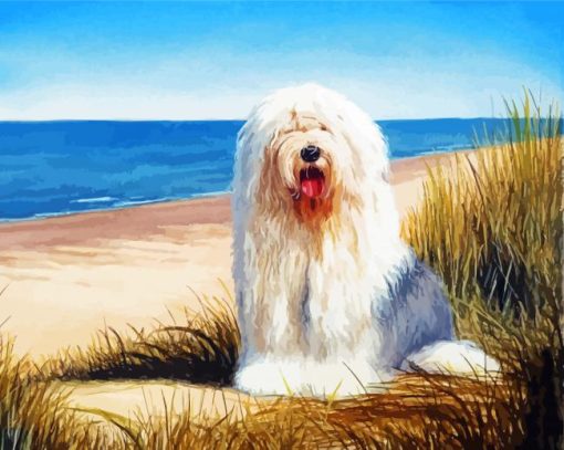 Old english sheepdog at the beach paint by number