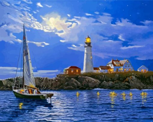 Sailboat and light house at night paint by number