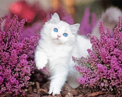 White Cat With Flowers paint by numbers