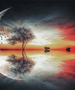 Moon And Tree With Flying Birds paint by numbers