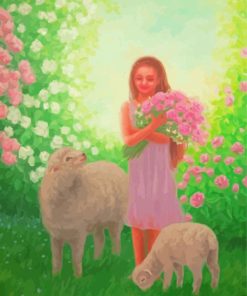 Girl With Flowers And Sheeps paint by numbers